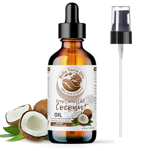 Bella Terra Oils - Organic Fractionated Coconut Oil (MCT) 4oz - Derived from Pure Coconut Essence, Abundant in Capric & Lauric Acid, Your Go-to Companion for Supple Skin