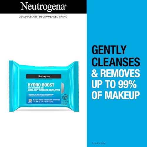 Neutrogena Hydro Boost Facial Cleansing Towelettes with Hyaluronic Acid, Hydrating Makeup Remover Face Wipes Remove Dirt & Waterproof Makeup, Hypoallergenic, 100% Plant-Based Cloth, 25 ct