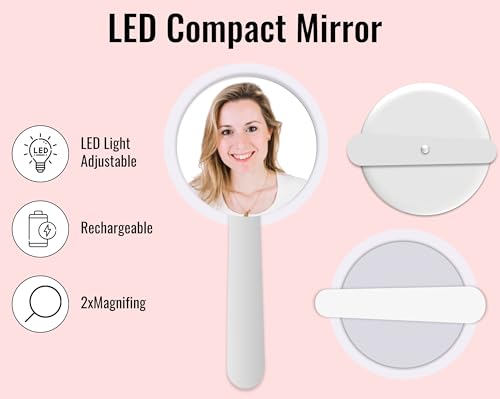 fancii LED Makeup Mirror,Handheld Makeup Mirror,LED Travel Mirror, USB Charging, No AAA Battery Required, Mini Portable, Multi-Functional Cosmetic Mirror for Travel and Home Use,Folding Mirror(White)