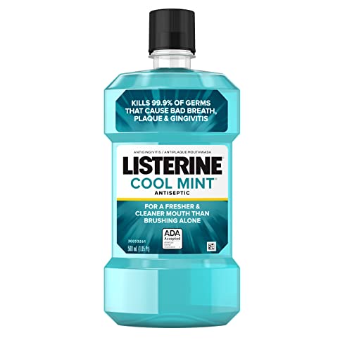 Listerine Cool Mint Antiseptic Mouthwash, Daily Oral Rinse Kills 99% of Germs that Cause Bad Breath, Plaque and Gingivitis for a Fresher, Cleaner Mouth, Cool Mint Flavor, 500 mL