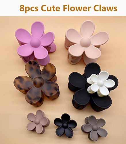 8Pcs Flower Claw Clips Large Hair Jaw Clips for Women Thick Hair Small Flower Hair Claw Clips for Girls Kids Matte Claw Clips Non Slip Strong Hold Hair Barrettes Accessories for Thin/Medium Hair