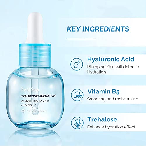 Hyaluronic Acid Serum for Face, Hyrating Serum, Microneedling Serum, EWG Certified Zealsea for Sensitive Skin, Vegan Fragrance Free Non-Comedogenic Absorb Quickly, Pure Hyaluronic Acid Anti-Aging 1oz