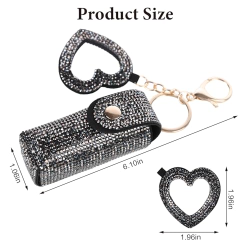 Lipstick Organizer Keychain, Rhinestone Lipstick Case with Mirror for Women, Portable Lipstick Leather Holder Lip Gloss Bag Lip Balm Case for Travel, Party, Holiday Gifts (Black)