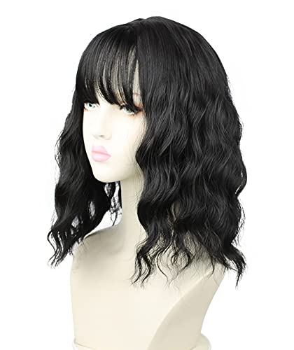 Sharebeauty Synthetic Bob Wig for Women Natural Wavy Curly Full Wig with Bangs Blue