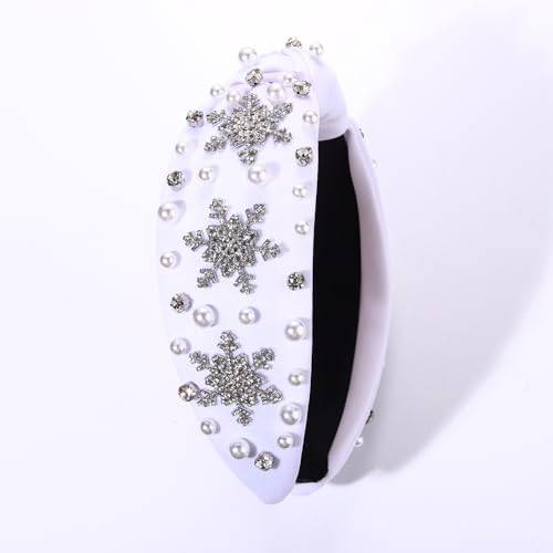 NVENF Christmas Headband for Women Jeweled Crystal Snowflake Headband Pearl Wide Top Knot Winter Holiday Headband Christmas Hair Accessories Holiday Outfits Gifts (Snowflake White 2)