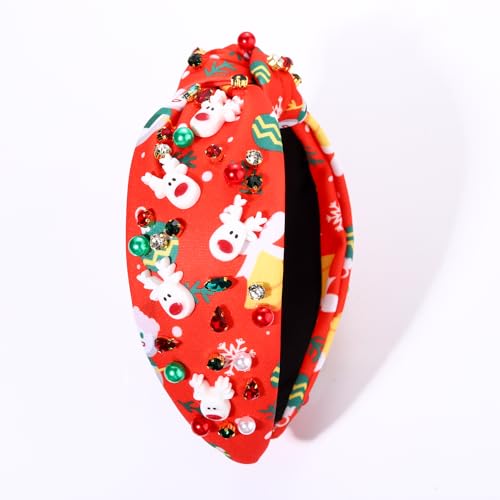 NVENF Christmas Headband for Women Jeweled Xmas Plaid Headband Embellished Crystal Pearl Knotted Headbands Wide Top Knot Holiday Headband Christmas Hair Accessories Holiday Outfits Gifts (Reindeer)