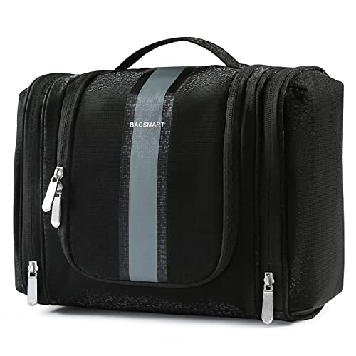 BAGSMART Toiletry Bag for Men, Travel Toiletry Organizer with hanging hook, Water-resistant Cosmetic Makeup Bag Travel Organizer for Shampoo, Full-size Container, Toiletries, Black-Medium