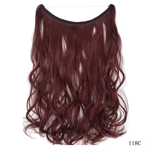 iLUU Hidden Invisible Wire Hair Extension Curly Synthetic Hair Extensions Secret Miracle Wire Hair Piece with Fish Line Headband Long Wavy Burgundy Red 80g/18" Hair Extensions for Women Girl