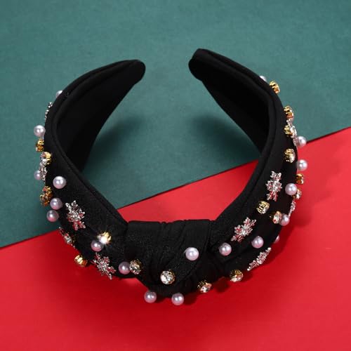 Christmas Headband for Women Rhinestone Snowflake Headband Embellished Crystal Pearl Knotted Headbands Wide Top Knot Xmas Holiday Headband Christmas Hair Accessories Outfits Gifts (Snowflake Black)