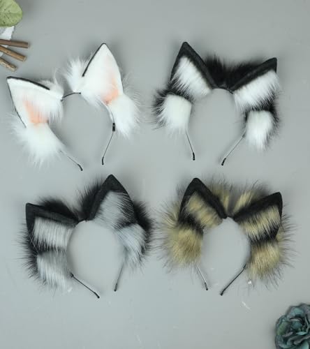 Dodheah Wolf Ears Headband Fox Cat Ears Hairband Animal Cosplay Headwear Halloween Christmas Costume Accessories Black grey