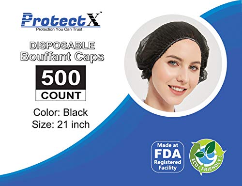 ProtectX 500-Pack Black Disposable Hair Nets, Elastic Head Cover, Bouffant Caps, Sanitation Head Cover for Food Service, Spa Men & Women - 21 inch