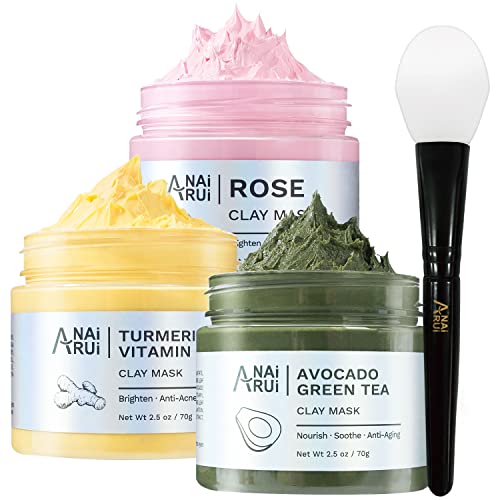 ANAI RUI Turmeric Vitamin C Clay Mask -Rose Facial Mask –Avocado Green Tea Mud Mask,Facial Mask Skincare for Deep Cleansing,Purify Pores SPA Mask Set,Facial Mask Set Gifts Set 2.5 oz each