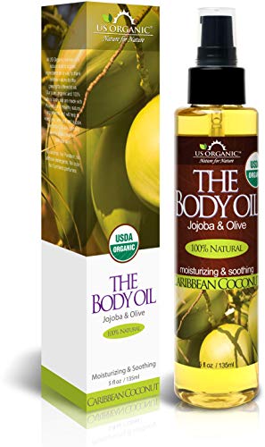 US Organic Body Oil, Smooth Caribbean Coconut - Jojoba and Olive Oil with Vitamin E, USDA Certified, No Alcohol, Paraben, Artificial Detergents, Color or Synthetic perfume, 5 Fl.oz (Caribbean Coconut)