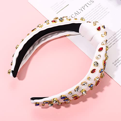 CENAPOG Rhinestone Knotted Headband for Women Sparkly Crystal Embellished Hairbands Twist Turban Headband Elastic Wide Velvet Hair Hoop Party Wedding Headwear for Girls (American Flag Colors)