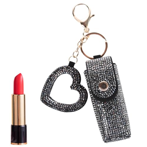 Lipstick Organizer Keychain, Rhinestone Lipstick Case with Mirror for Women, Portable Lipstick Leather Holder Lip Gloss Bag Lip Balm Case for Travel, Party, Holiday Gifts (Black)