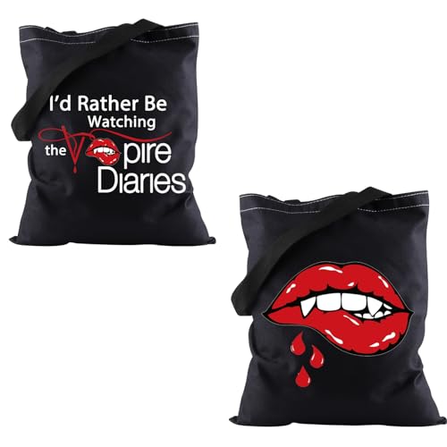 TSOTMO Vampire Inspired Gift I'd Rather Be Watching The Vampire Canvas Tote Bag TV SHOW Fandom Gift (Vamp-Blk canvas)