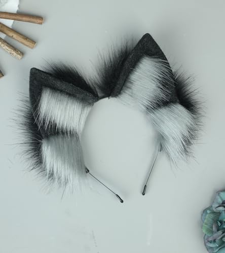 Dodheah Wolf Ears Headband Fox Cat Ears Hairband Animal Cosplay Headwear Halloween Christmas Costume Accessories Black grey