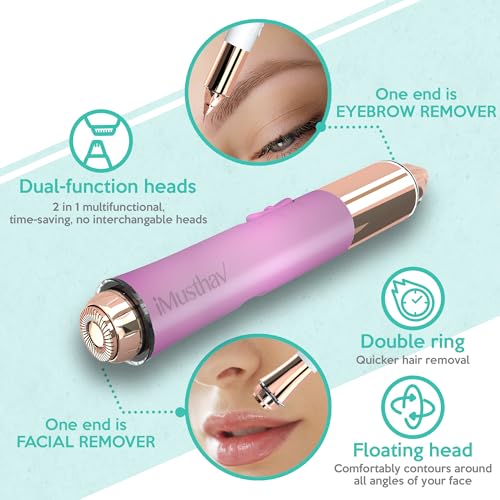 2-in-1 Portable Rechargeable Painless Eyebrow Trimmer & Facial Hair Remover, removes eyebrow, face, lips and body hair for women. 18K gold plated hypoallergenic heads, 360° LED light for Hair Remover