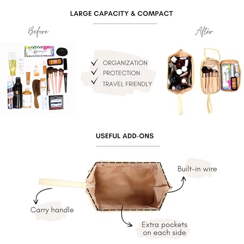 CLUNCEY Leather Makeup Bag For Women, Double Layer Makeup Brush Organizer Bag With Beauty Sponge Holder, Travel Waterproof Cosmetic Bag Make Up Organizer Case, Large Capacity, Beige