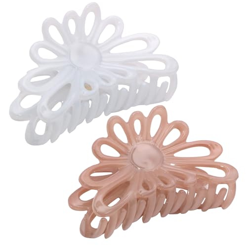 Parcelona French Plume 3" Celluloid No Slip Grip Covered Spring Set of 2 Jaw Hair Claw Durable Styling Women Hair Accessories Girls Hair (Blush Pink and White)