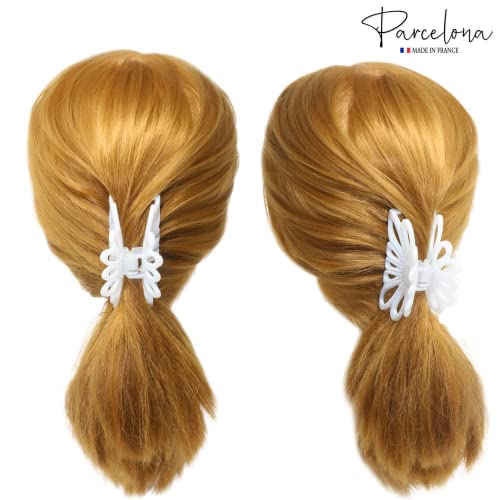 Parcelona French Plume 3" Celluloid No Slip Grip French Covered Spring Jaw Hair Claw Durable Styling Hair Accessories Women Strong Hold Girls Hair Claw Clips, Made in France (Solid White)