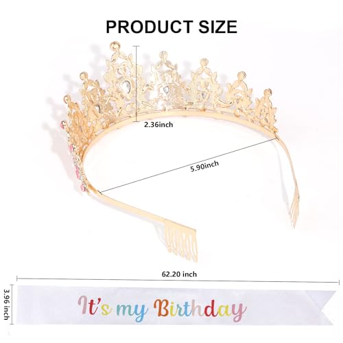 AMCAMI Gold Birthday Crowns for Women Birthday Sash for Women Tiaras and Crowns for Women Princess Crown Happy Birthday Crown and Sash Bridal Wedding Prom Party Gift