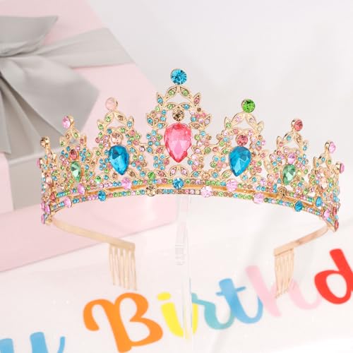 AMCAMI Gold Birthday Crowns for Women Birthday Sash for Women Tiaras and Crowns for Women Princess Crown Happy Birthday Crown and Sash Bridal Wedding Prom Party Gift