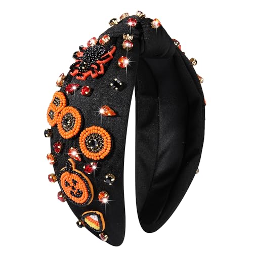 MOLOCH Halloween Headbands for Women Spooky Ghost Spiderweb Pumpkin Knotted Headband Beaded Crystal Embellished Wide Headband Halloween Costume Hair Accessories