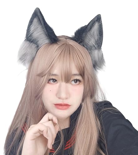 Dodheah Wolf Ears Headband Fox Cat Ears Hairband Animal Cosplay Headwear Halloween Christmas Costume Accessories Black grey