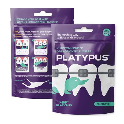 Platypus Orthodontic Flossers for Braces - Unique Structure Fits Under Arch Wire, Floss Entire Mouth in 2 Minutes, Increases Flossing Compliance, Will Not Damage Braces - 30 Count Bag (Pack of 1)