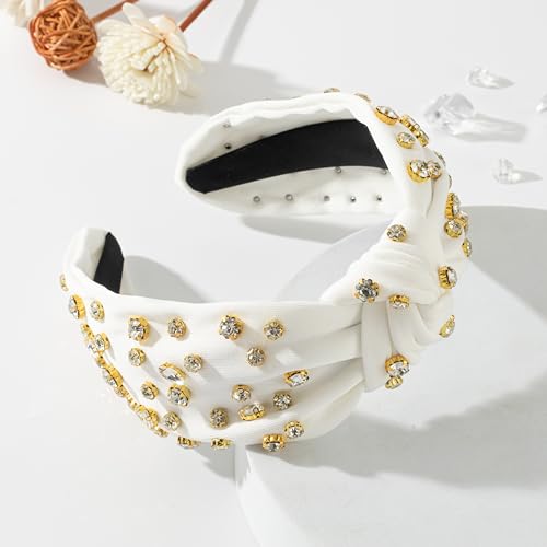 Mixcbe Rhinestone Knotted Headbands for Women, Crystal Beaded Jeweled Headbands, Fashion Hairbands Hair Accessories (White)