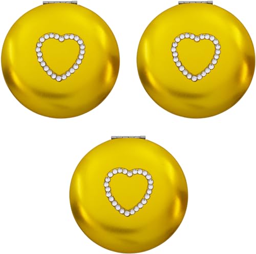 Stephanie Imports Set of 3 Slim Heart-Shaped Double Sided Magnifying Compact Mirrors (Gold with Rhinestone Heart, Small)