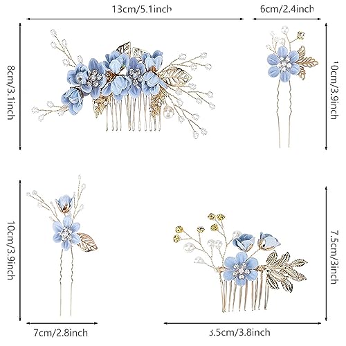 6 Pack Blue Metal Bride Wedding Flower Hair Side Comb + U-Shaped Flower Hairpin Ball Headwear Bride Bridesmaid Ladies Girl Wedding Hair Styling Accessories