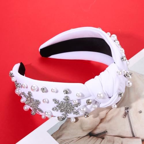 NVENF Christmas Headband for Women Jeweled Crystal Snowflake Headband Pearl Wide Top Knot Winter Holiday Headband Christmas Hair Accessories Holiday Outfits Gifts (Snowflake White 2)