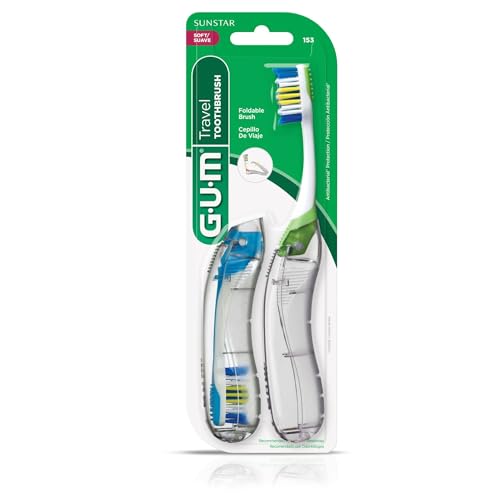 GUM Folding Travel Toothbrush, Compact Head + Tongue Cleaner, Soft Bristled Travel Toothbrushes for Adults, 2ct (Pack of 6)