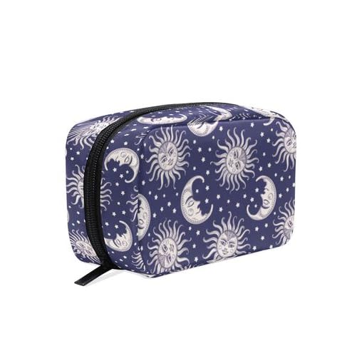 JHKKU Vintage Sun Moon Makeup Bag Portable Square Cosmetic Bag Black Zipper Storage Bag for Women Travel Toiletry Bag