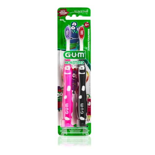 GUM Monsterz Jr Kids’ Toothbrush, Soft Bristled Children’s Toothbrush with Suction Cup, for Ages 5+, 2ct (6pk)