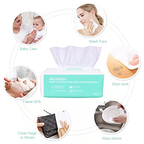 MSOEUESO Soft Dry Wipes Cotton Facial Tissues, 100 Count Disposable Face Towel, Cotton Clean Towels for Sensitive Skin, Facial Cleansing, Makeup Removing, Surface Cleaning