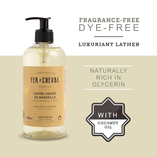 Fer à Cheval Marseille Liquid Soap Unscented Fragrance-Free Hypoallergenic Savon De Marseille Soap, Luxury French Liquid Marseille Soap, Pump Dispenser 16.9oz