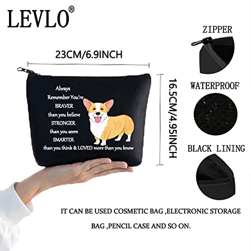 LEVLO Corgi Dog Cosmetic Make up Bag Corgi Lover Gift Corgi You Are Braver Stronger Smarter Than You Think Makeup Zipper Pouch Bag For Dogs Owner Corgi Mom (Corgi Black)