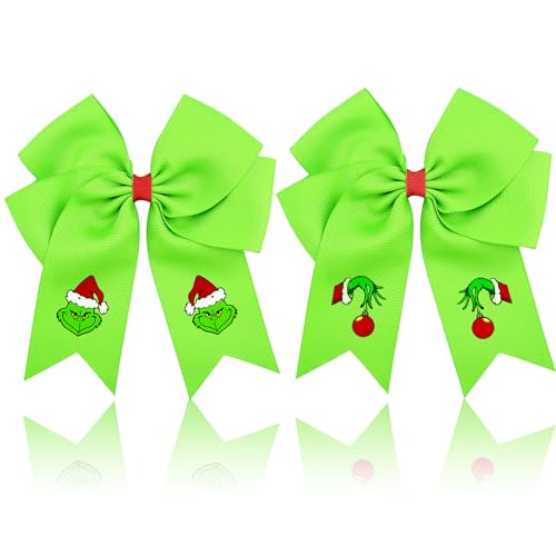 2PCS Grinch Hair Bow Large Green Christmas Hair Bows For Girls Women, Christmas Hair Clips Grinch Hair Accessories, Grinch Bows For Christmas Party Favors Holiday Costume Accessories Gift