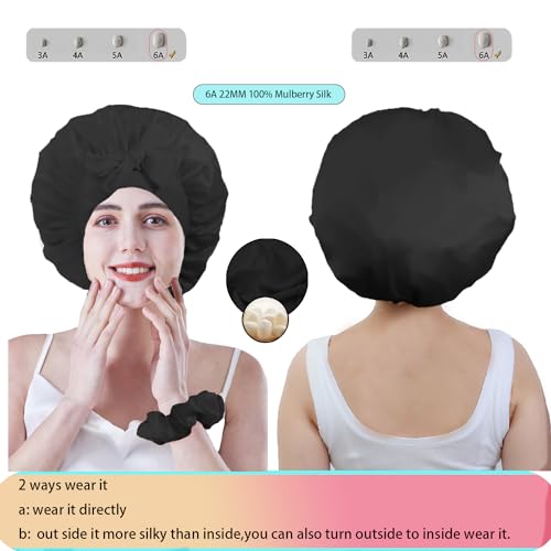 Cocheng Mulberry Silk Bonnet with Scrunchie Gift,Silk Bonnet for Sleeping Curly Hair,Wide Band Silk Bonnet,Extra Large & Breathable Hair Bonnet for Sleeping,Adjustable Silk Sleep Cap for Women