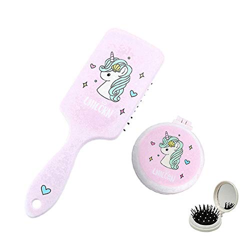 Unicorn Hair Brush, Fold Hairbrush with Makeup Mirror 2 PCS Ideal Birthday & Christmas Gift Set Portable for Girls Kids Women Travel Home School Use