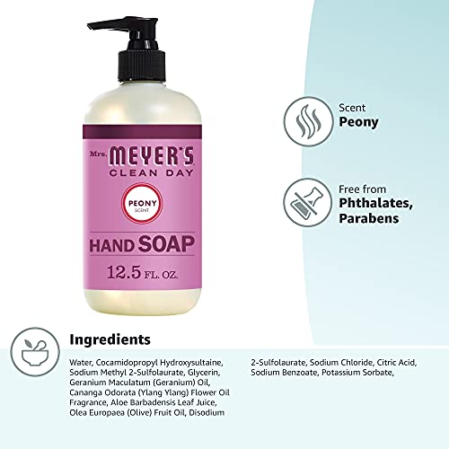 MRS. MEYER'S CLEAN DAY Hand Soap, Made with Essential Oils, Biodegradable Formula, Peony, 12.5 fl. oz