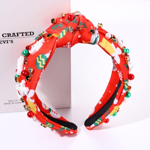 NVENF Christmas Headband for Women Jeweled Xmas Plaid Headband Embellished Crystal Pearl Knotted Headbands Wide Top Knot Holiday Headband Christmas Hair Accessories Holiday Outfits Gifts (Reindeer)