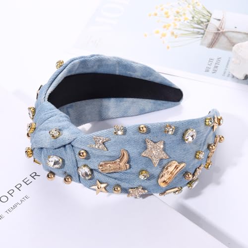 MOLOCH Western Headband Cowgirl Headband for Women Cowboy Boot Hat Stars Knotted Headband Crystal Jeweled Top Knot Hairband Western Country Concert Hair Accessories Bachelorette Outfit Gifts