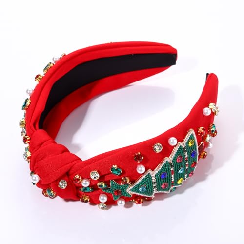 Christmas Headband for Women Jeweled Xmas Plaid Headband Embellished Crystal Pearl Knotted Headbands Wide Top Knot Holiday Headband Christmas Hair Accessories Holiday Outfits Gifts (Snowflake Red)