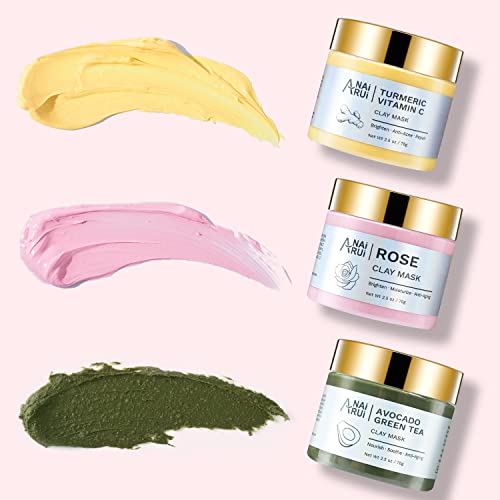 ANAI RUI Turmeric Vitamin C Clay Mask -Rose Facial Mask –Avocado Green Tea Mud Mask,Facial Mask Skincare for Deep Cleansing,Purify Pores SPA Mask Set,Facial Mask Set Gifts Set 2.5 oz each