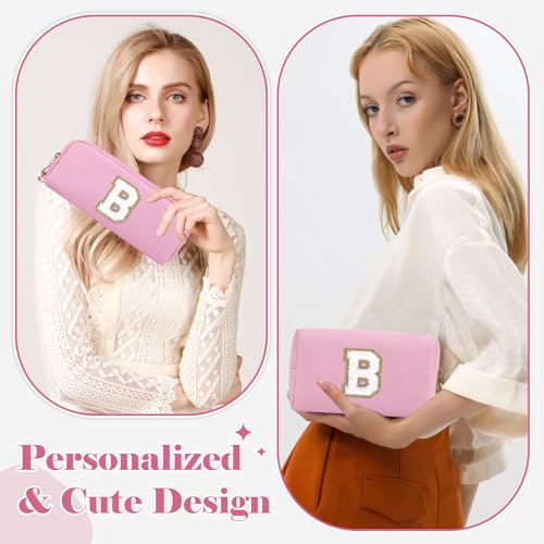 2Pack Personalized Initial Letter Patch Makeup Bag,Pink Cute Preppy Cosmetic Bag with Small Makeup Brush Bag,PU Travel Toiletry Zipper Pouch,Personalized Gifts for Women Teen Girls Friend Mom,Letter C