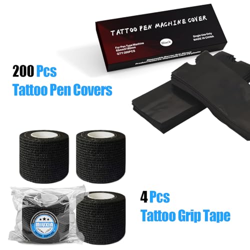 Tattoo Pen Machine Cover Grip Tape Wrap - MIUXIA 200Pcs Tattoo Pen Covers Black and 4Pcs Tattoo Grip Wrap Combination Grip Tattoo Machine Covers Tattoo Tape Wrap Tattoo Supplies…